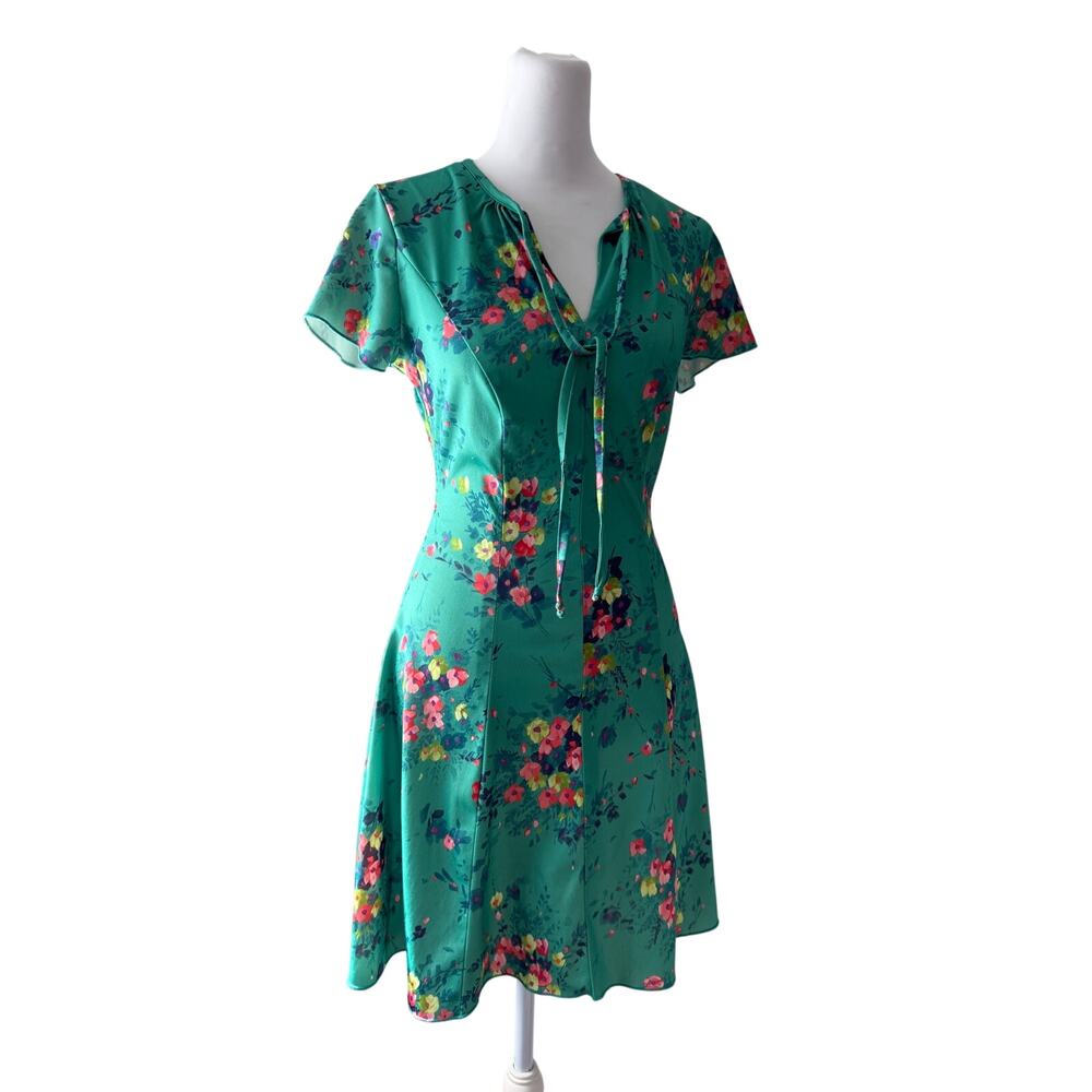 Vintage ‘70s Teal Floral Print Tie Neck Short Sleeve Mini Dress